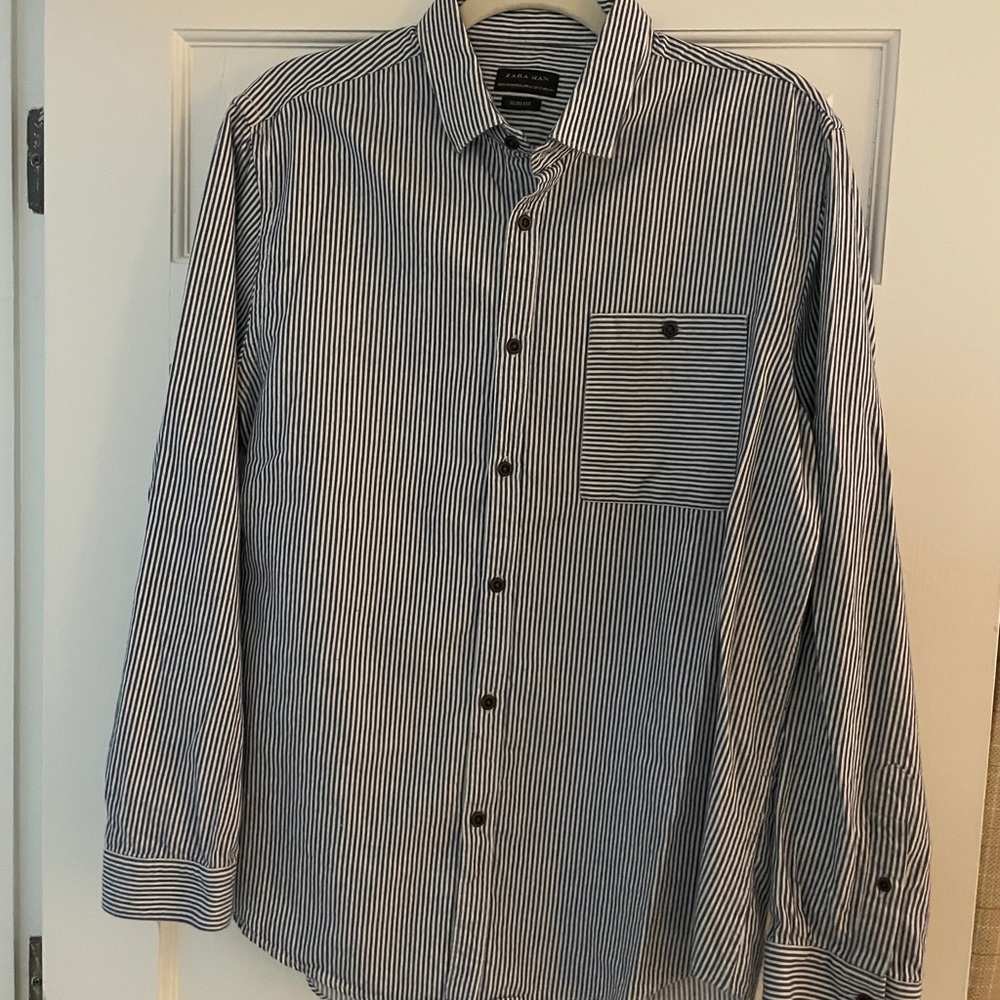 Zara Man Blue Striped Oxford Shirt